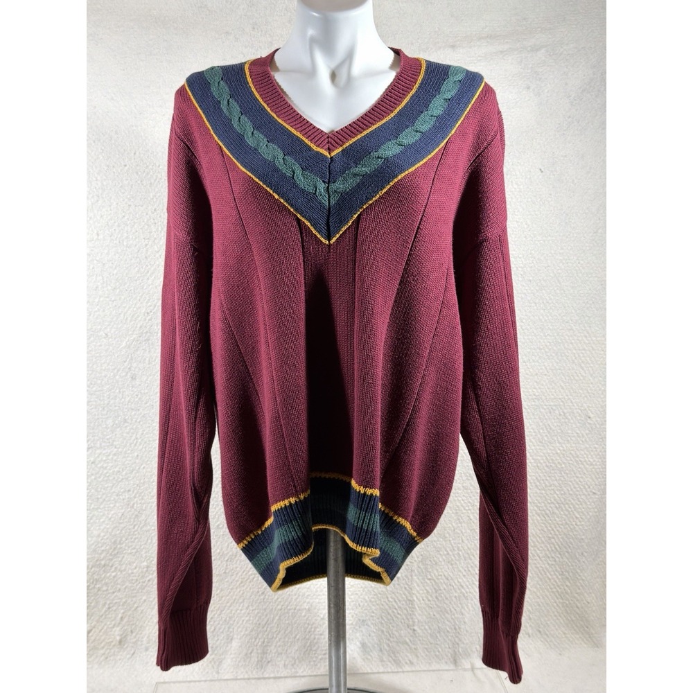Vintage INC Mens Large Cotton V Neck Sweater Burgundy Cable Preppy Academia